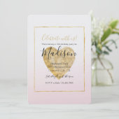 金ゴールドハート赤面ピンクグラデーション誕生日 招待状 (スタンド正面)