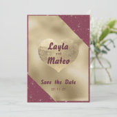 金ゴールドハート輝くブルゴーニュグリッター日付を保存 招待状 (スタンド正面)