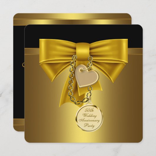 金ゴールドハート金ゴールド結婚50周年記念パーティー 招待状 (正面/裏面)