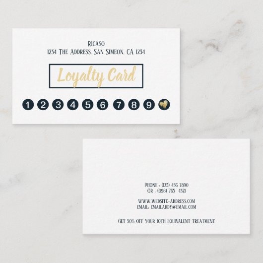 金ゴールドハート10アポイントメント パーソナライズされた ロイヤリティカード (正面/裏面)