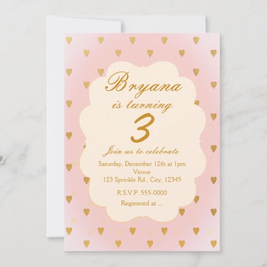 金ゴールドハート&ピンクガールズバースデーパーティー招待状 招待状 (正面)