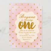 金ゴールドハート&ピンク1歳のパーティの招待状 招待状 (正面/裏面)