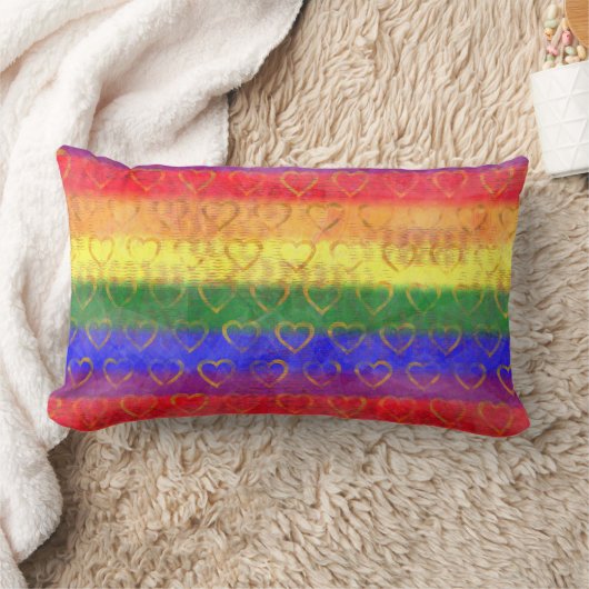 金ゴールドハート、ブライトレインボーゲイプライド国旗の色 ランバークッション (ブランケット)