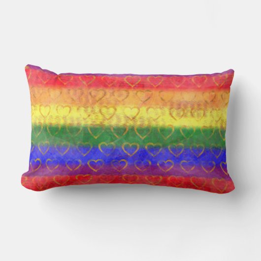 金ゴールドハート、ブライトレインボーゲイプライド国旗の色 ランバークッション (正面)