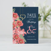 金ゴールドハート、海軍、サンゴの花 – 日付を保存 セーブザデート (スタンド正面)