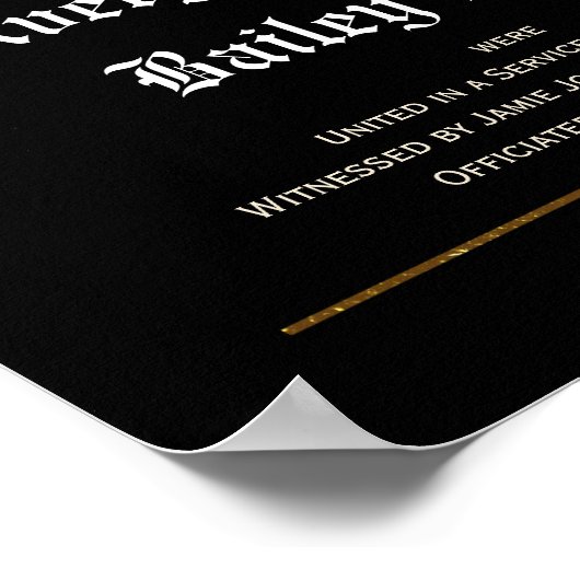 金ゴールドハート、白文字、黒結婚の証明書 ポスター (角)