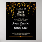 金ゴールドハート、白文字、黒結婚の証明書 ポスター (正面)