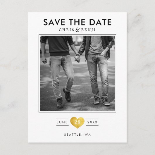 金ゴールドハートLGBTQ写真で日付を保存 ポストカード (正面)