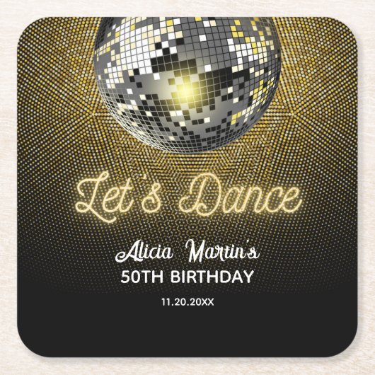 金ゴールドハーフトーンディスコボールレッズダンス誕生日 スクエアペーパーコースター (正面)