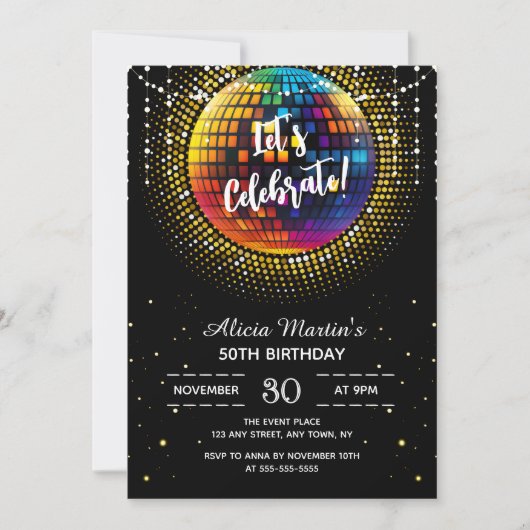 金ゴールドハーフトーンディスコボールレッズ祝誕生日 招待状 (正面)