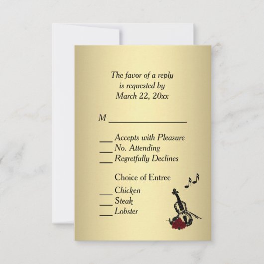 金ゴールドバイオリン音楽RSVP、Entree Choices付き 出欠カード (正面)