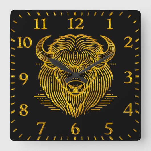 金ゴールドバイソンバッファローアートワークと複雑なデザイン スクエア壁時計 (正面)