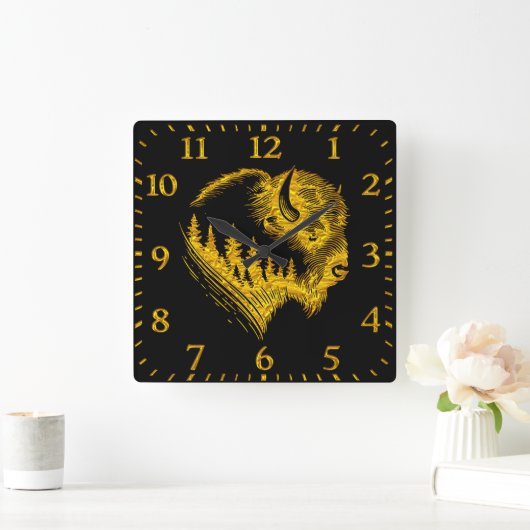金ゴールドバイソンポートレートとフォレストシルエットデザイン スクエア壁時計 (ホーム)
