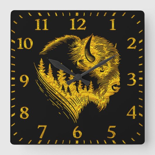 金ゴールドバイソンポートレートとフォレストシルエットデザイン スクエア壁時計 (正面)