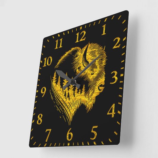金ゴールドバイソンポートレートとフォレストシルエットデザイン スクエア壁時計 (傾斜)