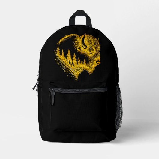 金ゴールドバイソンポートレートとフォレストシルエットデザイン プリントバックパック (正面)