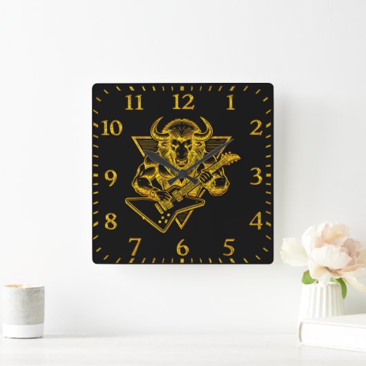 金ゴールドバイソン・バッファローがギターを弾く スクエア壁時計 (ホーム)