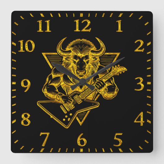 金ゴールドバイソン・バッファローがギターを弾く スクエア壁時計 (正面)