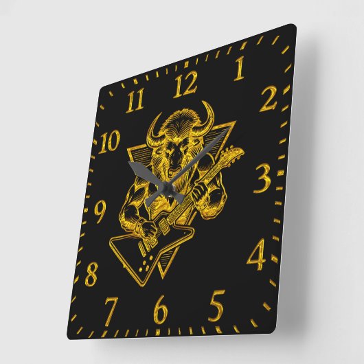 金ゴールドバイソン・バッファローがギターを弾く スクエア壁時計 (傾斜)