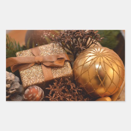 金ゴールドバウブルとクリスマスプレゼント 長方形シール (正面)
