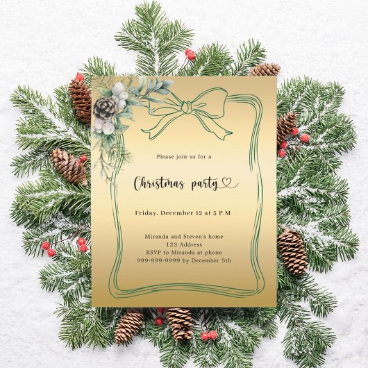 金ゴールドバウ松の緑のクリスマスパーティの招待状