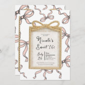 金ゴールドバウ枠ピンクリボンバウ甘い16写真 招待状 (正面/裏面)