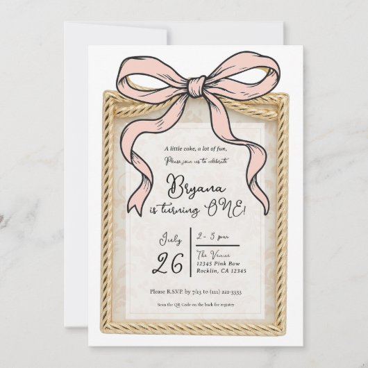 金ゴールドバウ枠ピンクリボンバウ1歳の誕生日 招待状 (正面)