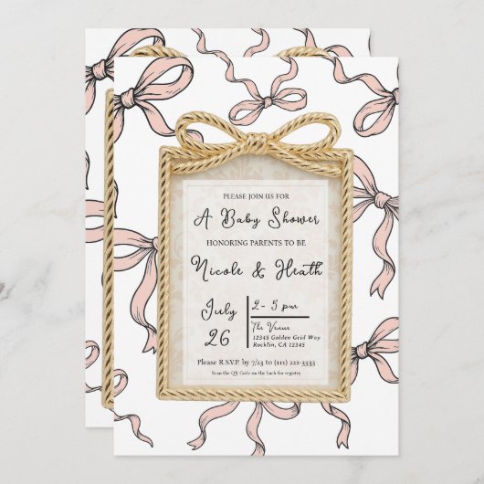 金ゴールドバウ枠ピンクリボンバーブベイビーシャワー 招待状 (正面/裏面)