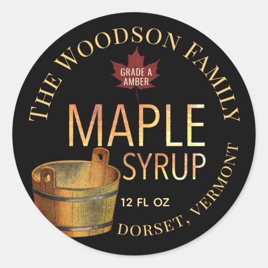 金ゴールドバケツ木材焼成メープルシロップのラベル ラウンドシール (正面)
