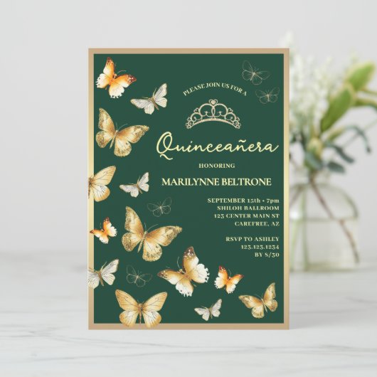 金ゴールドバタフライエメラルドグリーンキンセアニラ 招待状 (スタンド正面)