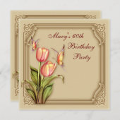 金ゴールドバタフライエレガントチューリップ60th誕生日パーティー 招待状 (正面/裏面)