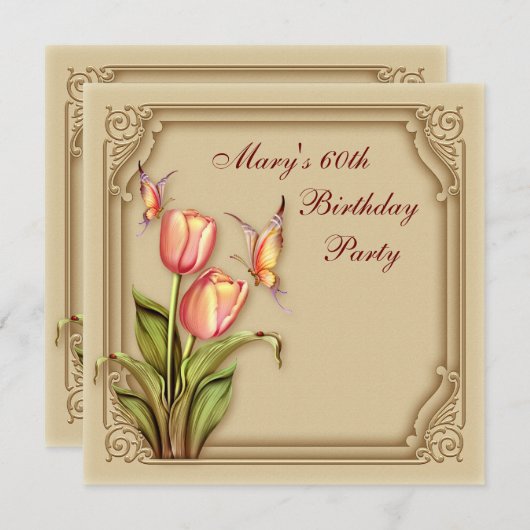 金ゴールドバタフライエレガントチューリップ60th誕生日パーティー 招待状 (正面/裏面)