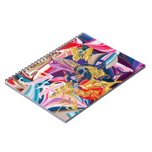 金ゴールドバタフライスワールピンクモノグラム液体抽象芸術 ノートブック (左側)