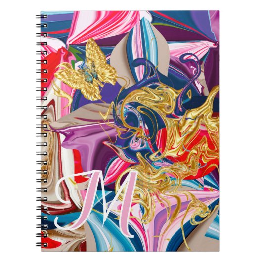 金ゴールドバタフライスワールピンクモノグラム液体抽象芸術 ノートブック (正面)