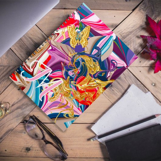 金ゴールドバタフライスワールピンクモノグラム液体抽象芸術 ノートブック