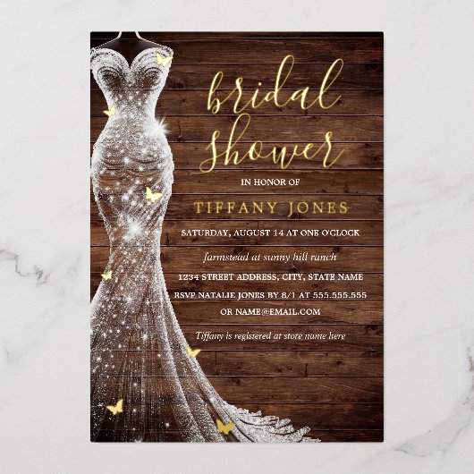 金ゴールドバタフライドレス素朴ブライダルシャワー 箔招待状 (正面)