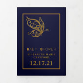 金ゴールドバタフライネイビーブルーベビーシャワースイート 三つ折り招待状 (カバー)