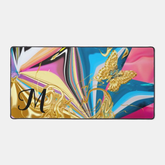 金ゴールドバタフライフラワーモノグラム液化抽象芸術 デスクマット (正面)