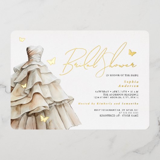 金ゴールドバタフライベージュ結婚ズドレスブライダルシャワー 箔招待状 (正面)