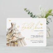 金ゴールドバタフライベージュ結婚ズドレスブライダルシャワー 箔招待状 (立ち正面)