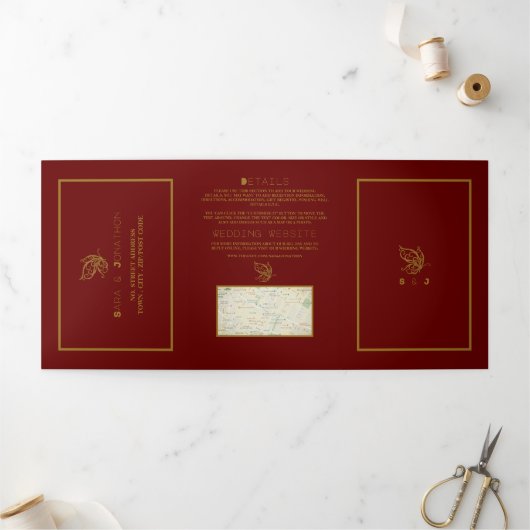 金ゴールドバタフライレッド&金ゴールド結婚ズスイート 三つ折り招待状 (外部)