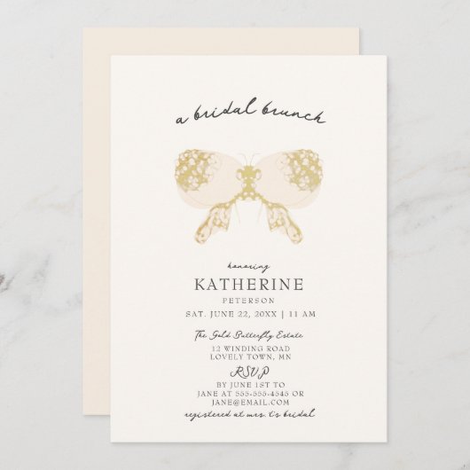 金ゴールドバタフライ赤面ピンクモダンブライダルシャワー 招待状 (正面/裏面)