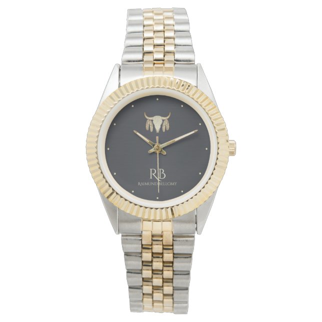 金ゴールドバッファロースカルブラックメタリックウォッチ 腕時計 (正面)