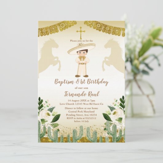 金ゴールドバプテスファースト誕生日メキシコフローラ 招待状 (スタンド正面)