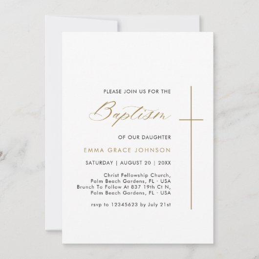 金ゴールドバプテスマ写真招待状のための男の赤ちゃんまたは女の子 招待状 (正面)