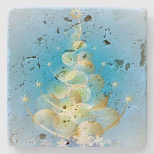 金ゴールドバモダンブルアートクリスマスツリー ストーンコースター (正面)