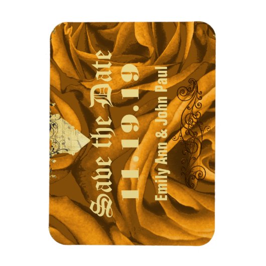 金ゴールドバラとハートスワーズ結婚式の日付を保存 マグネット (縦)