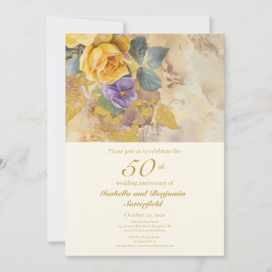 金ゴールドバラとヴィオレット50結婚周年 招待状 (正面)