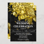 金ゴールドバラと黒結婚大理石 招待状 (正面/裏面)