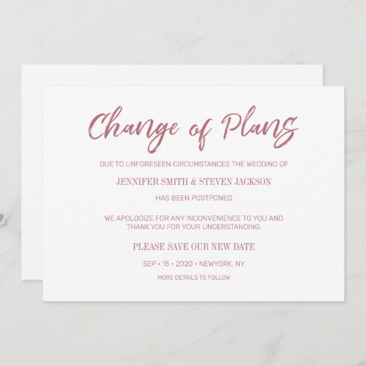 金ゴールドバラの手書きによるプランの変更アナウンス 招待状 (正面/裏面)